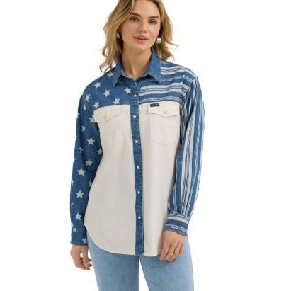 Wrangler Women's West Long Sleeve Retro Boyfriend Shirt- White/Blue