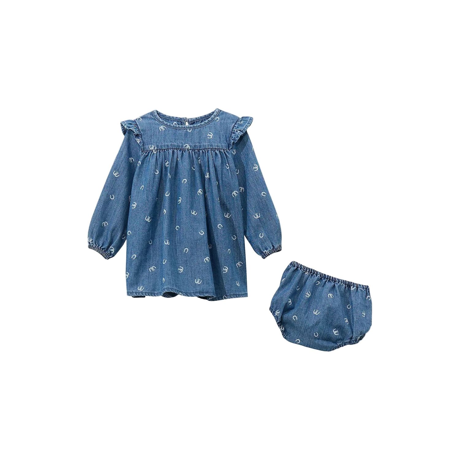 Wrangler Little Girl's Long Sleeve Denim Trapeze Horseshoe Print Dress - Denim