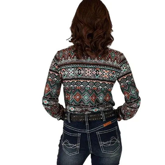 Cowgirl Tuff Women's Long Sleeve Button Up Stretch Jersey - Geometric Print