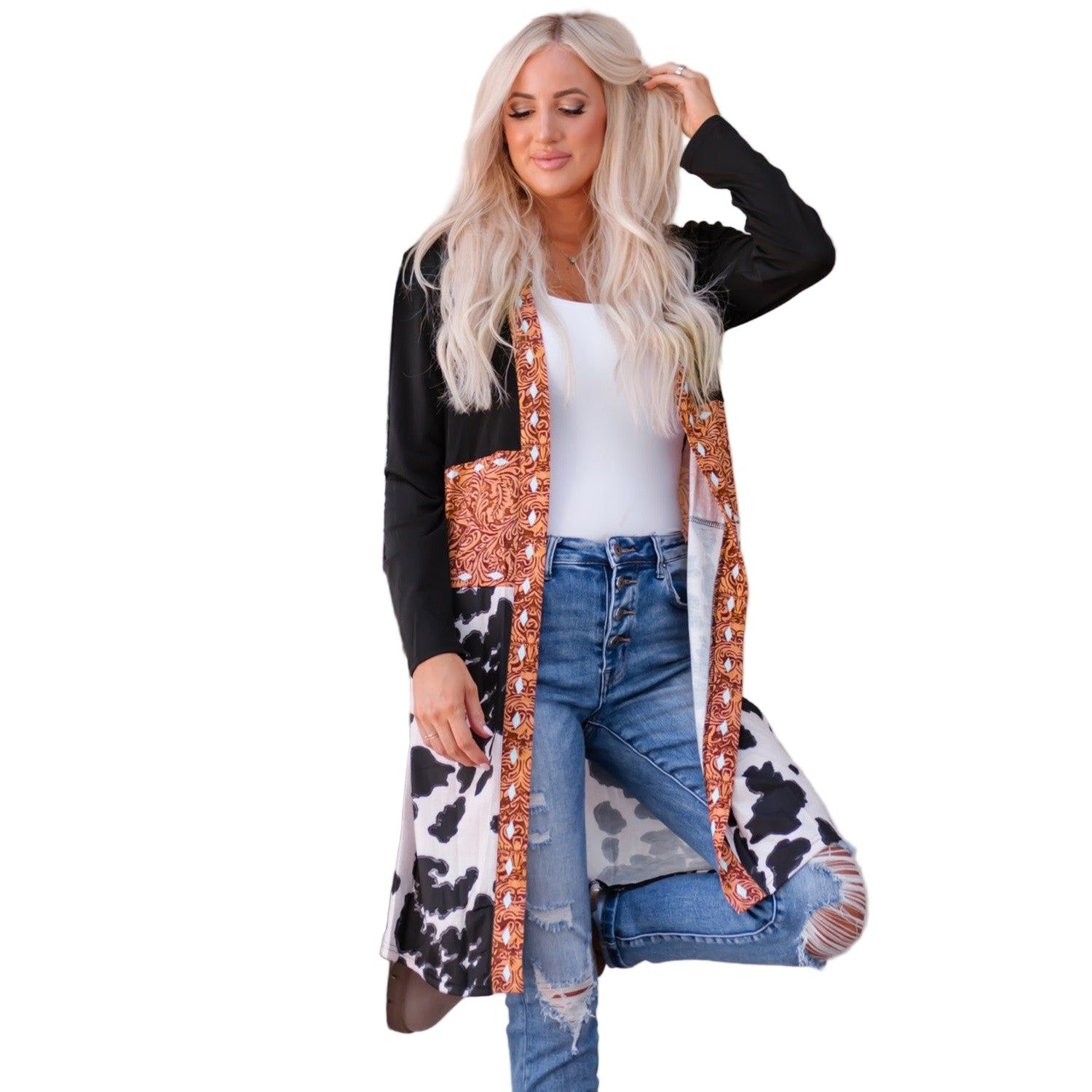 Dear Lover Women's Western Pattern Cow Patchwork Open Front Cardigan - Black