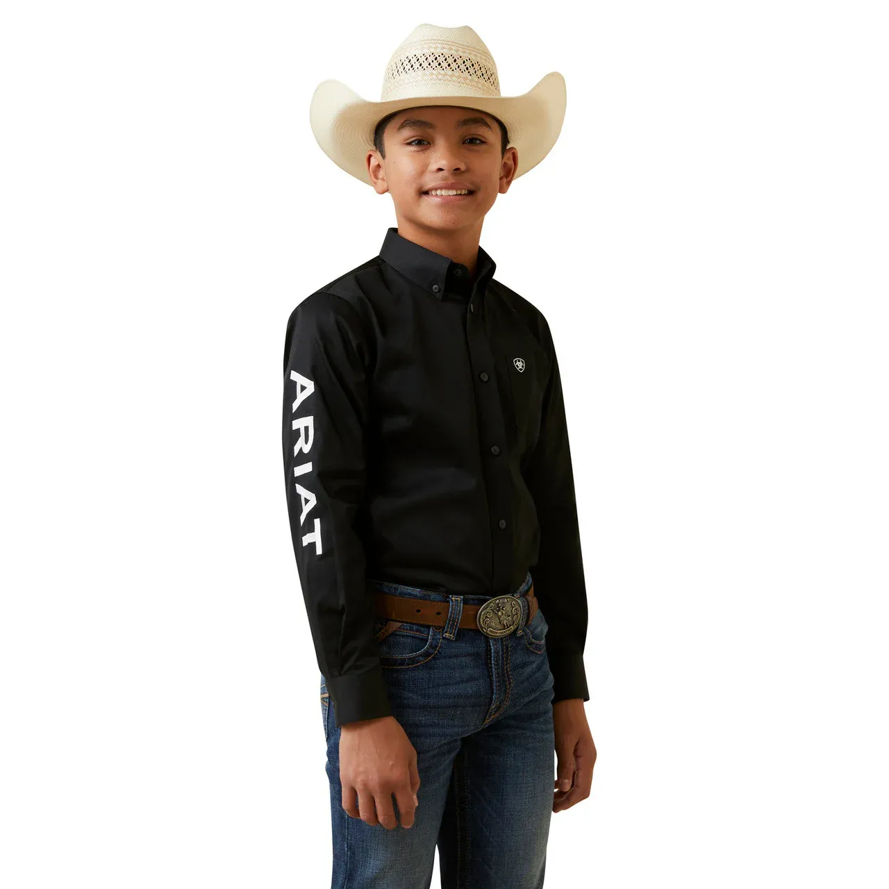 Ariat Boy's Team Logo Twill Shirt - Assorted Colours, Color: Black/White, Size: XS