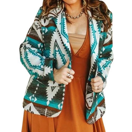 Lucky &amp; Blessed Women's Aztec Button Down Blazer- Turquoise/Blue