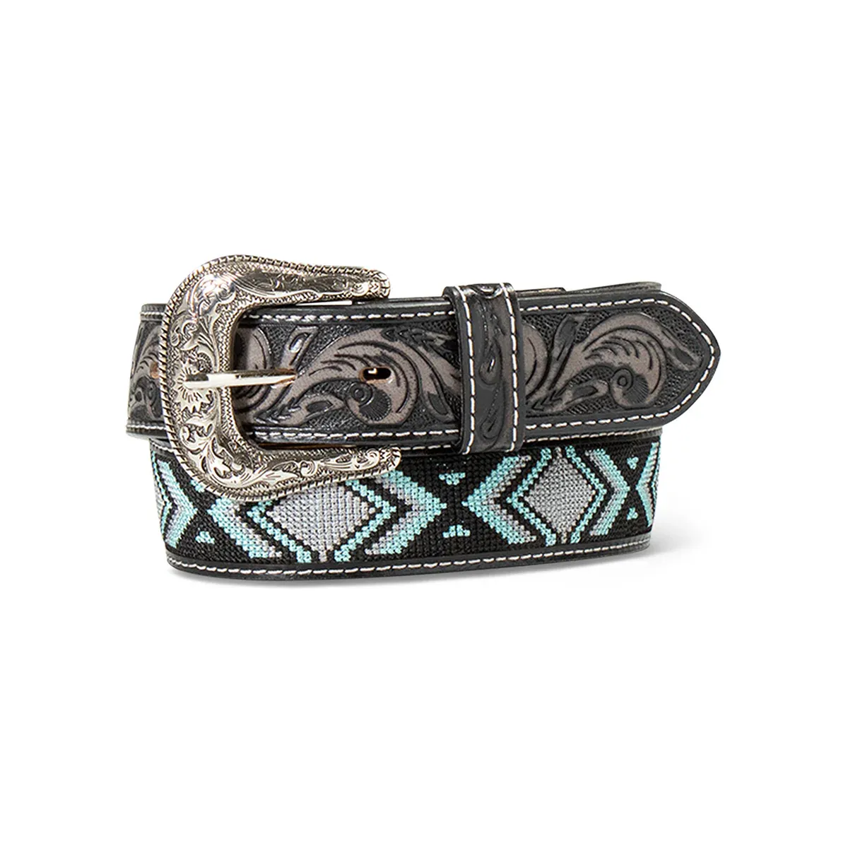 **Ariat Men's Embroidered Diamond Inlay Belt - Blue/Black, Size: 32