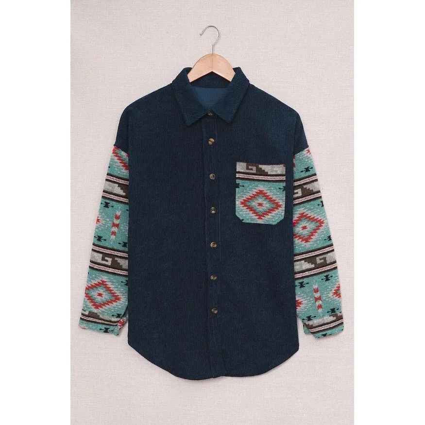 FTP Women's Aztec Pattern Sleeve Pocketed Corduroy Shacket, Size: S