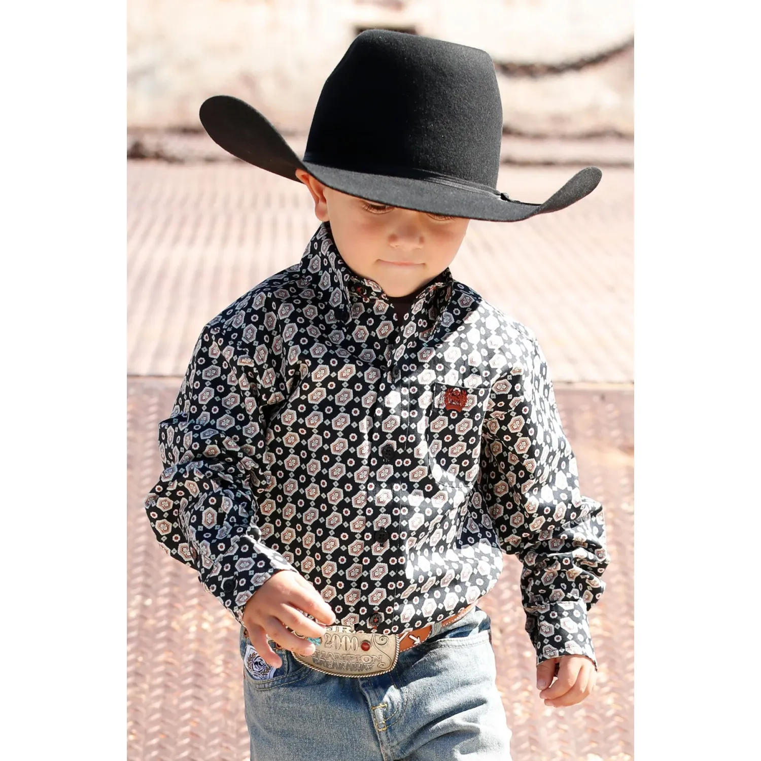 Cinch Boy's Youth Geo Print Button Long Sleeve Western Shirt - Black, Size: 2T
