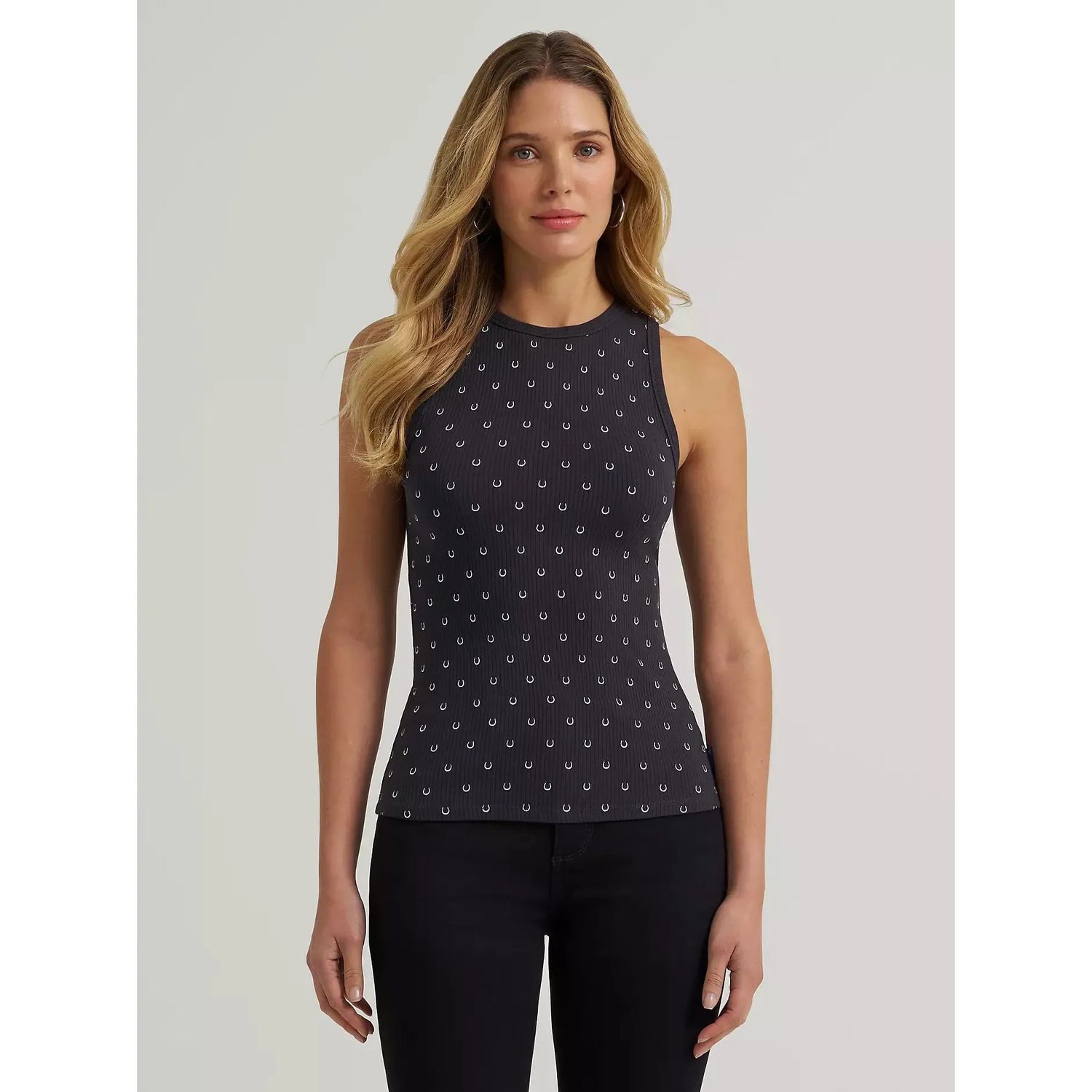 Wrangler Women's Sleeveless Printed Slim Goddess Tank - Black Horseshoe