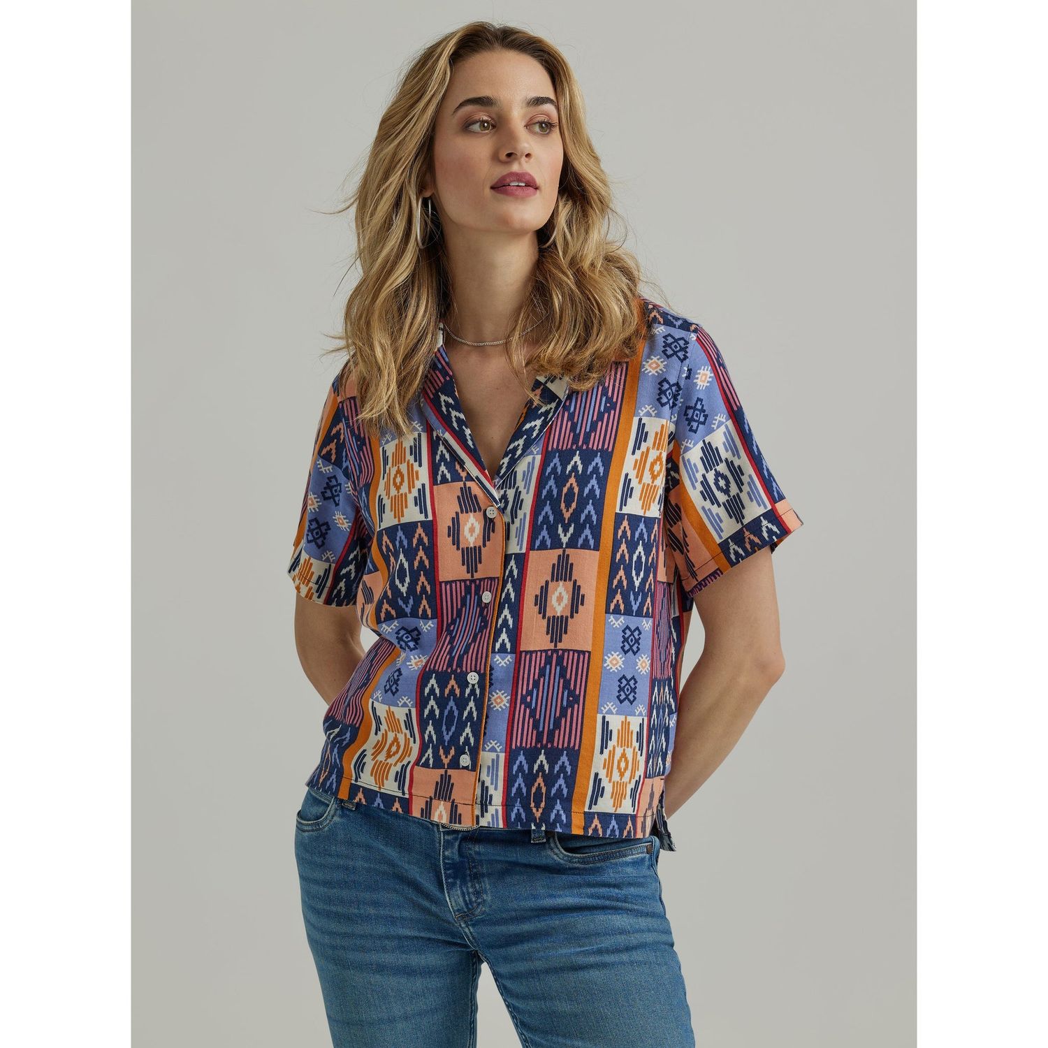 Wrangler Women's Short Sleeve Top - Coconut Blue/Brown