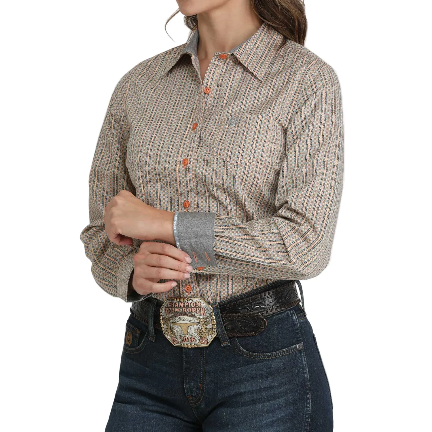 Cinch Women's Button Up Western Print Long Sleeve Shirt - Orange