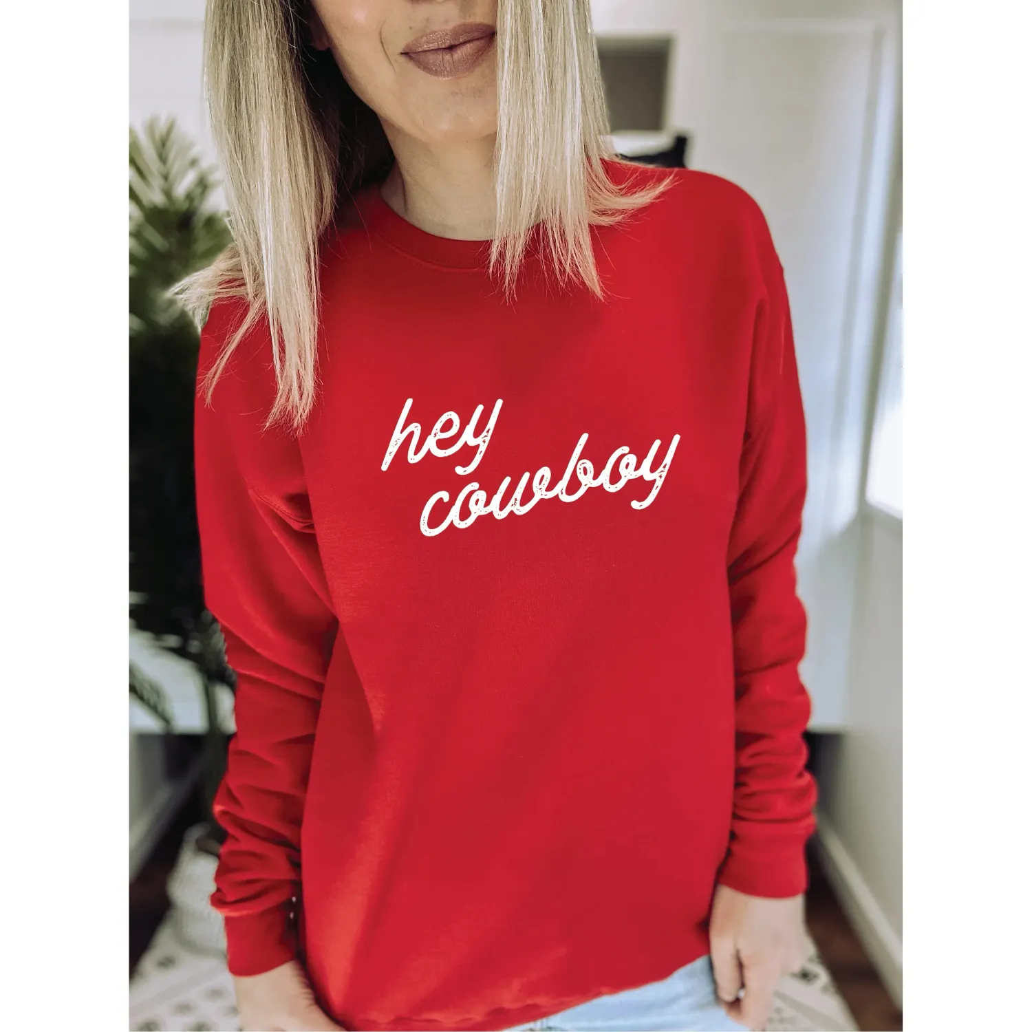 Blonde Ambition Long Sleeve Hey Cowboy Sweater- Red