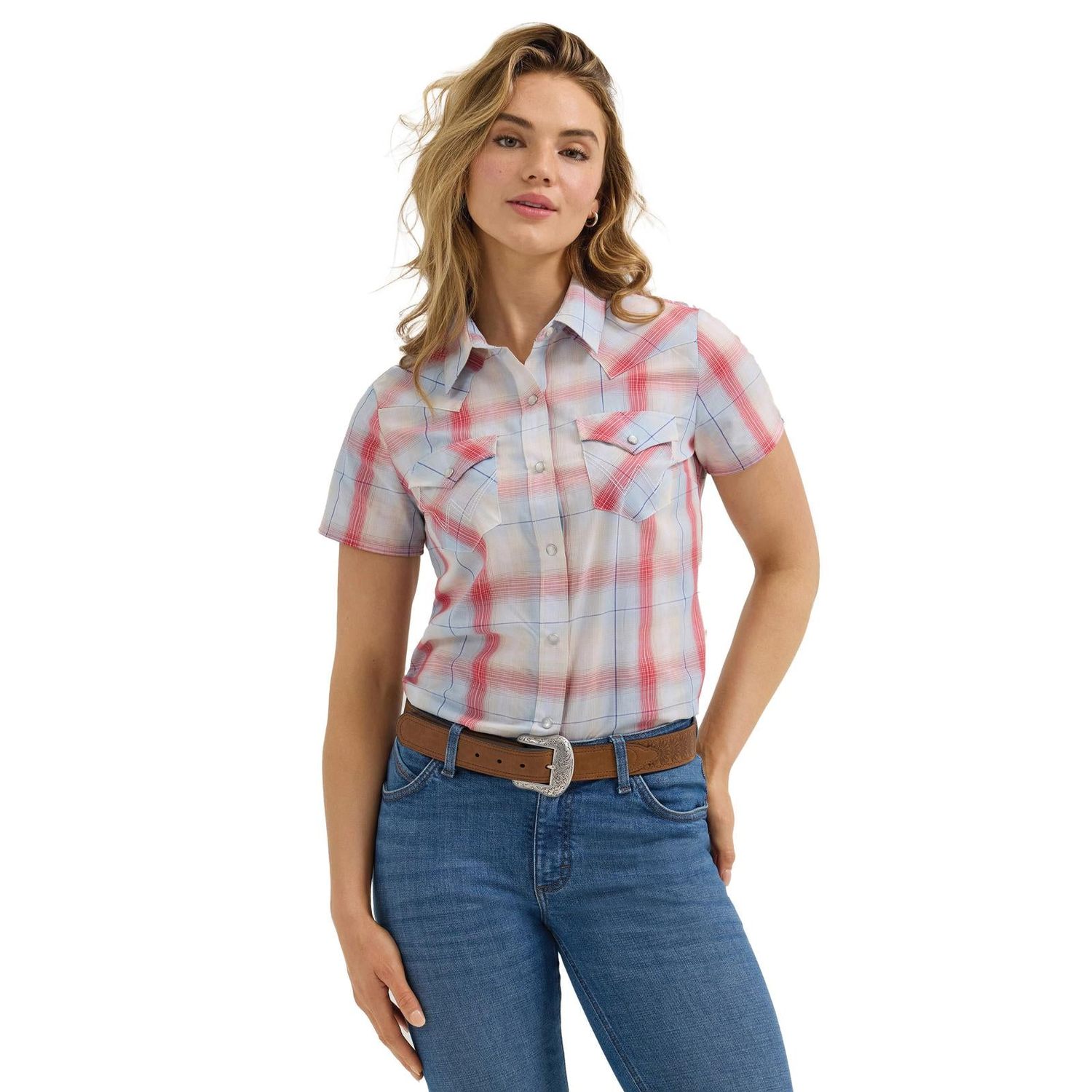 Wrangler Women's West Short Sleeve Essential Shirt- Blue/Red