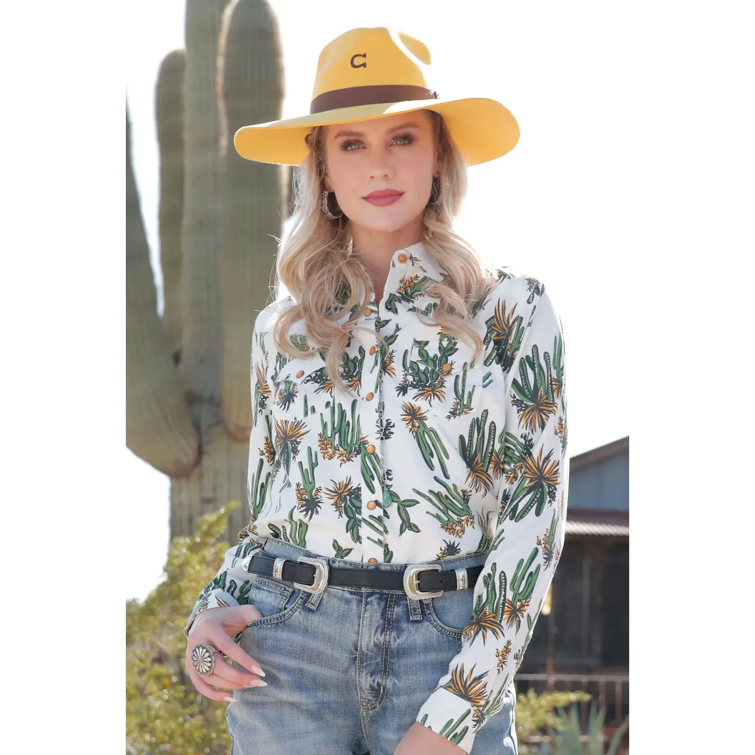 Cinch Women's Long Sleeve Cactus Print Shirt - White