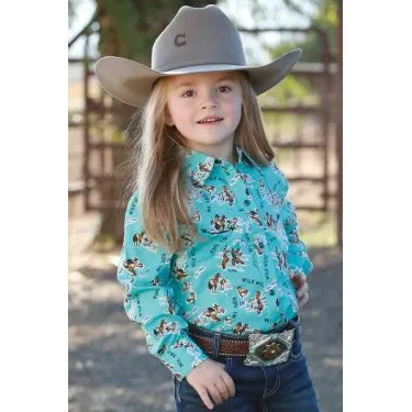 Cinch Girls Long Sleeve Print Button-Down Western Shirt - Turquoise