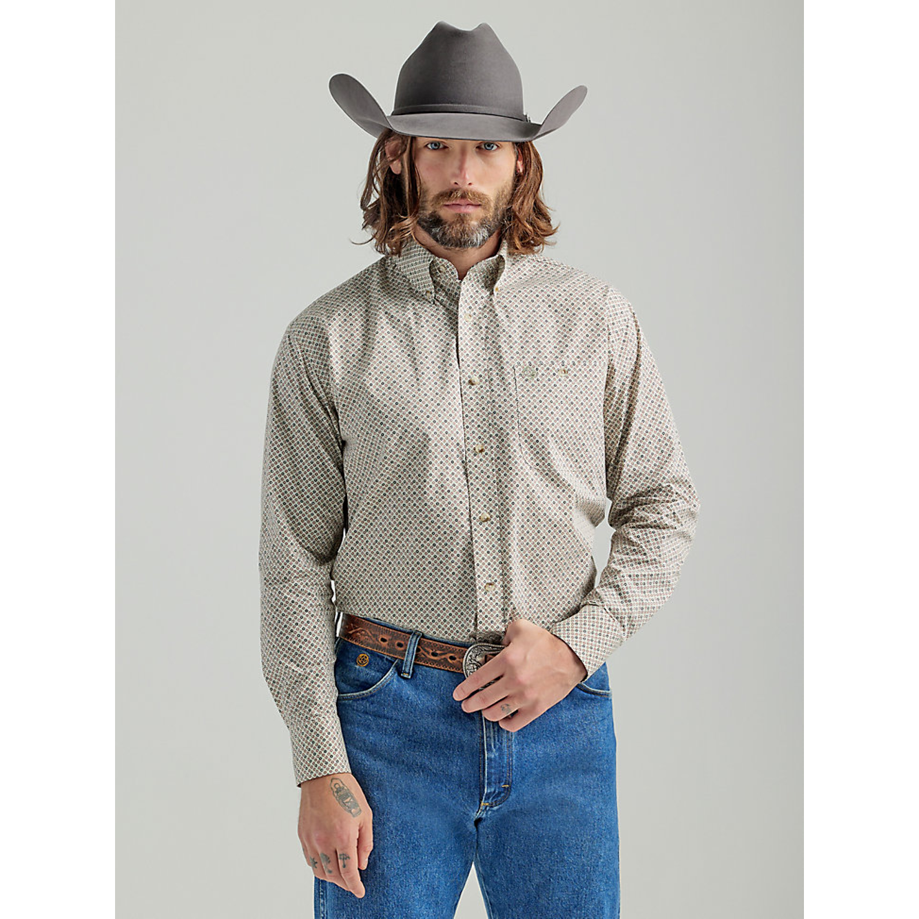 Wrangler Men's George Strait Long Sleeve 1 Pocket Shirt - Olive Green