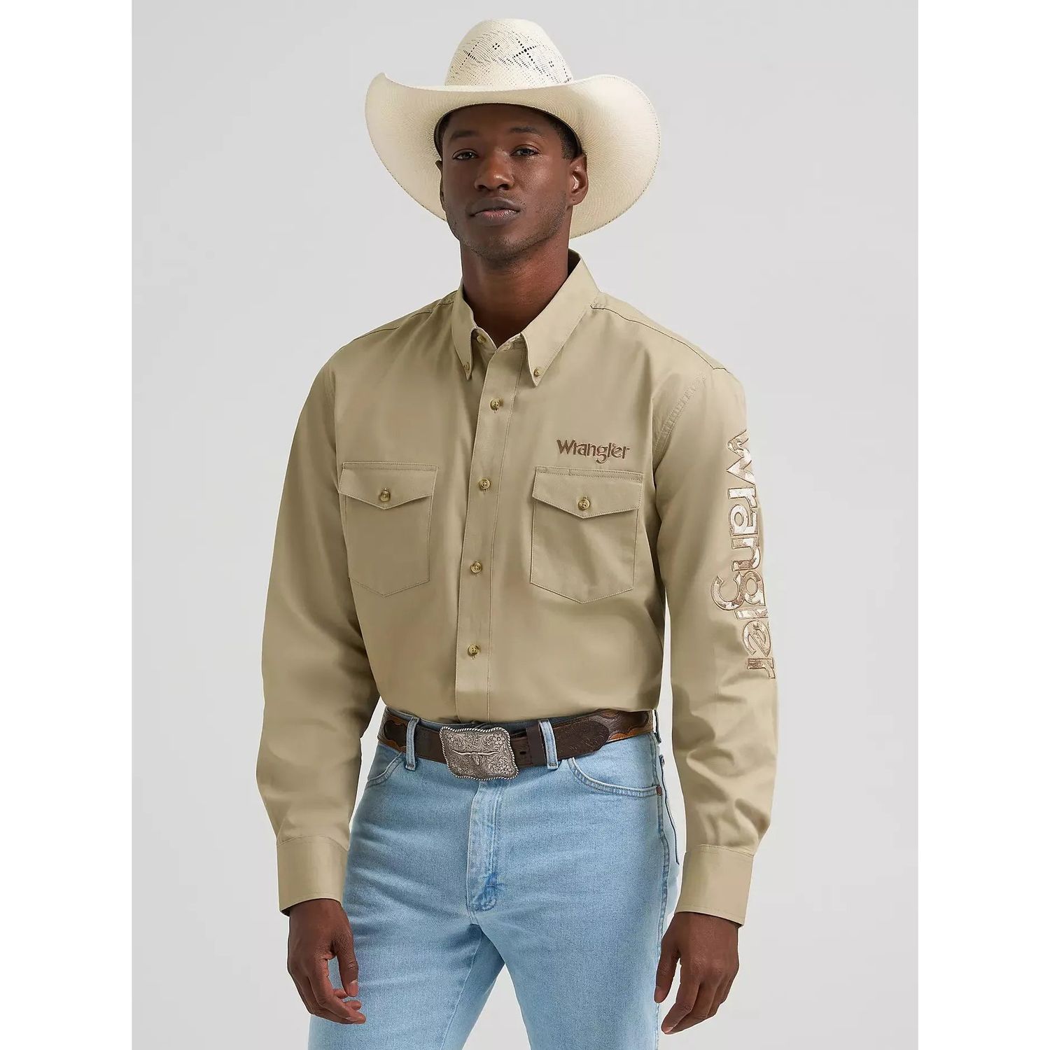 Wrangler Men's Logo Long Sleeve Button Down Solid Shirt - Khaki