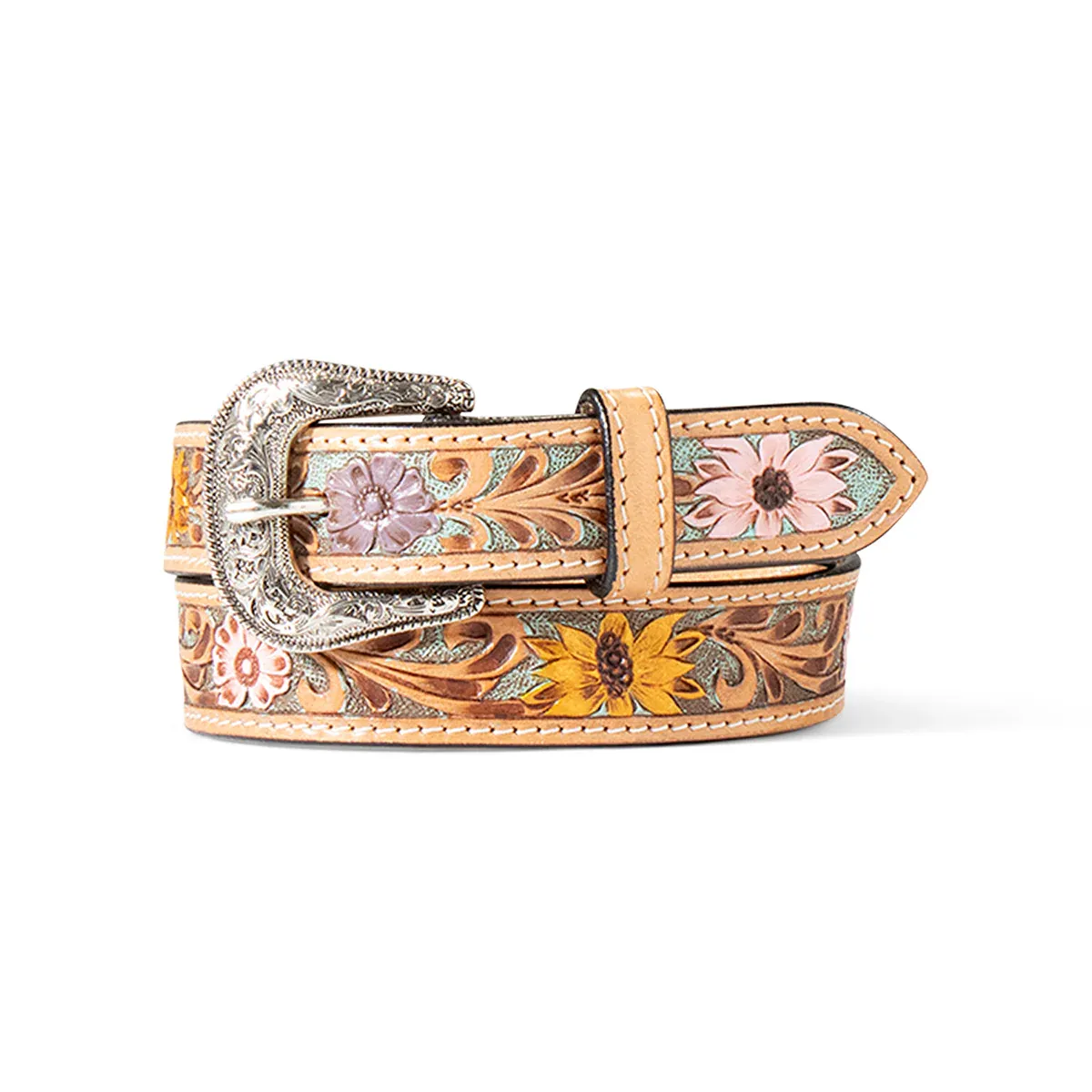 Ariat Girl's Sunflower Daisy Hand Tooled Belt - Multi Coloured, Size: 22