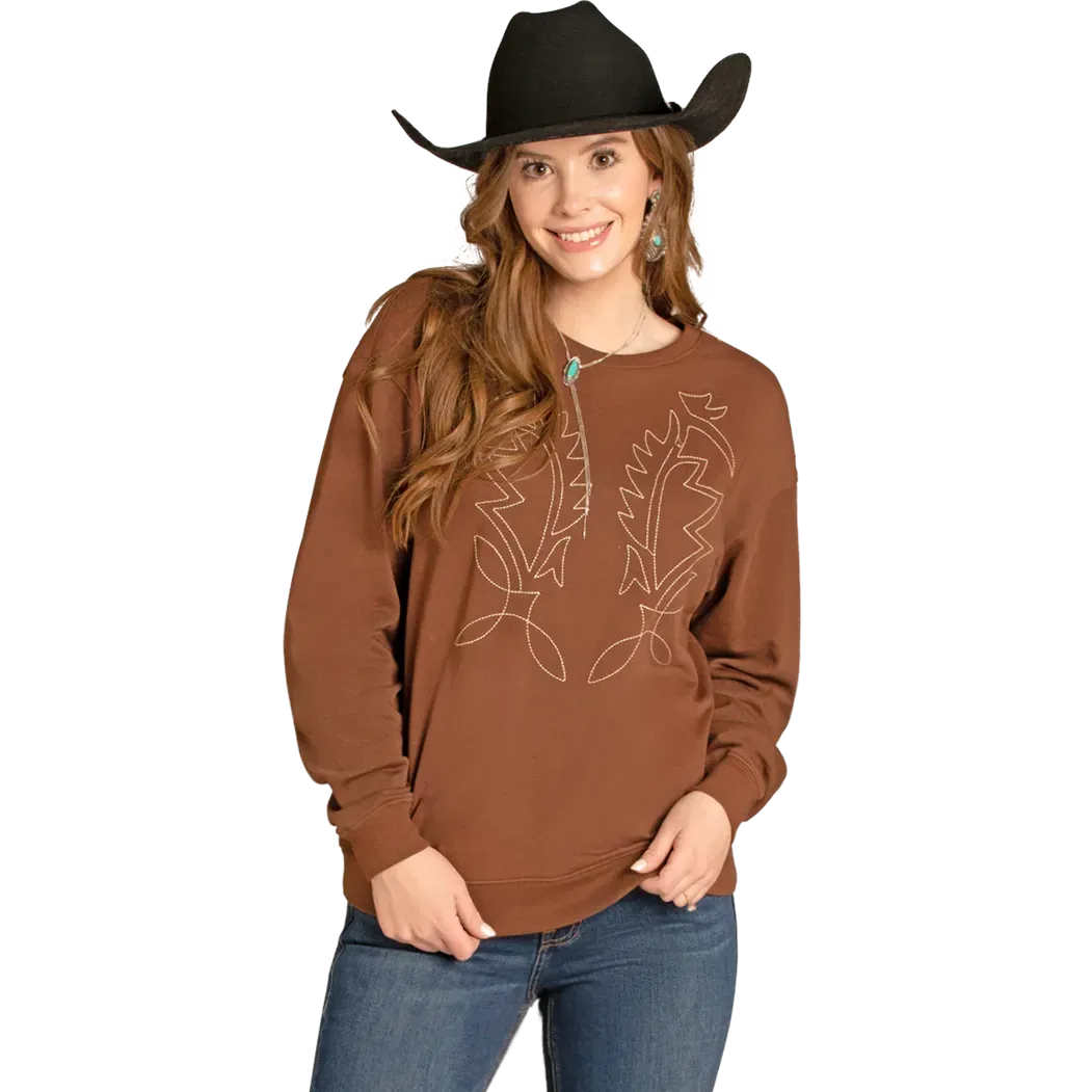 Rock &amp; Roll Women's Boot Stitch Pullover Long Sleeve Sweatshirt - Multiple Colours, Colour: Brown, Size: XS