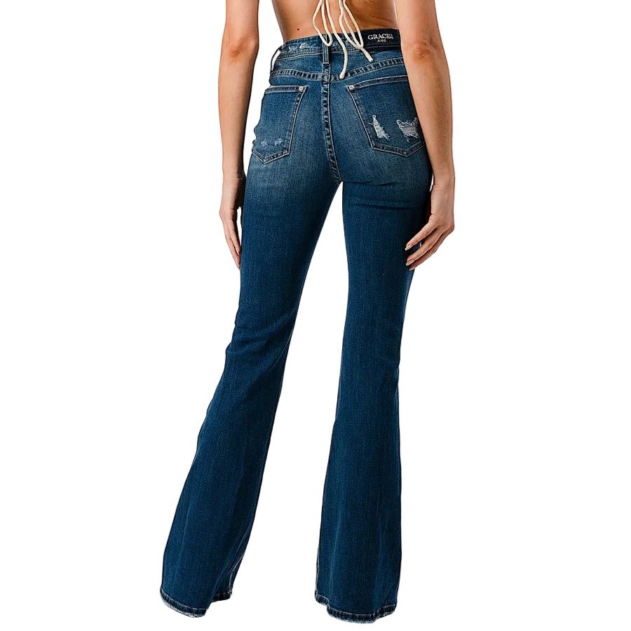 Grace in LA Women's High Rise Flare Jeans - Basic Distressed