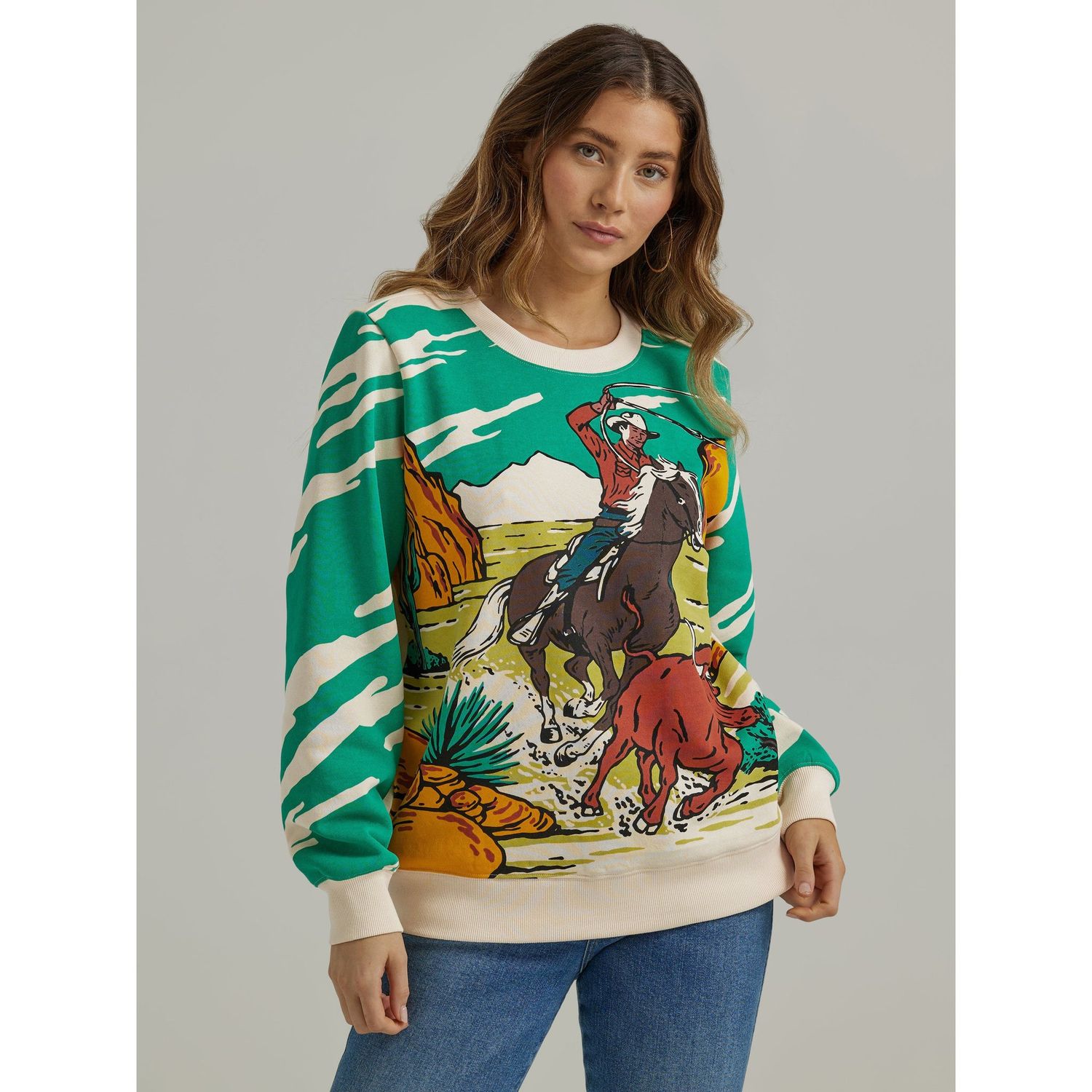 Wrangler Women's Long Sleeve Rope Rider Sweater - Cream/Green