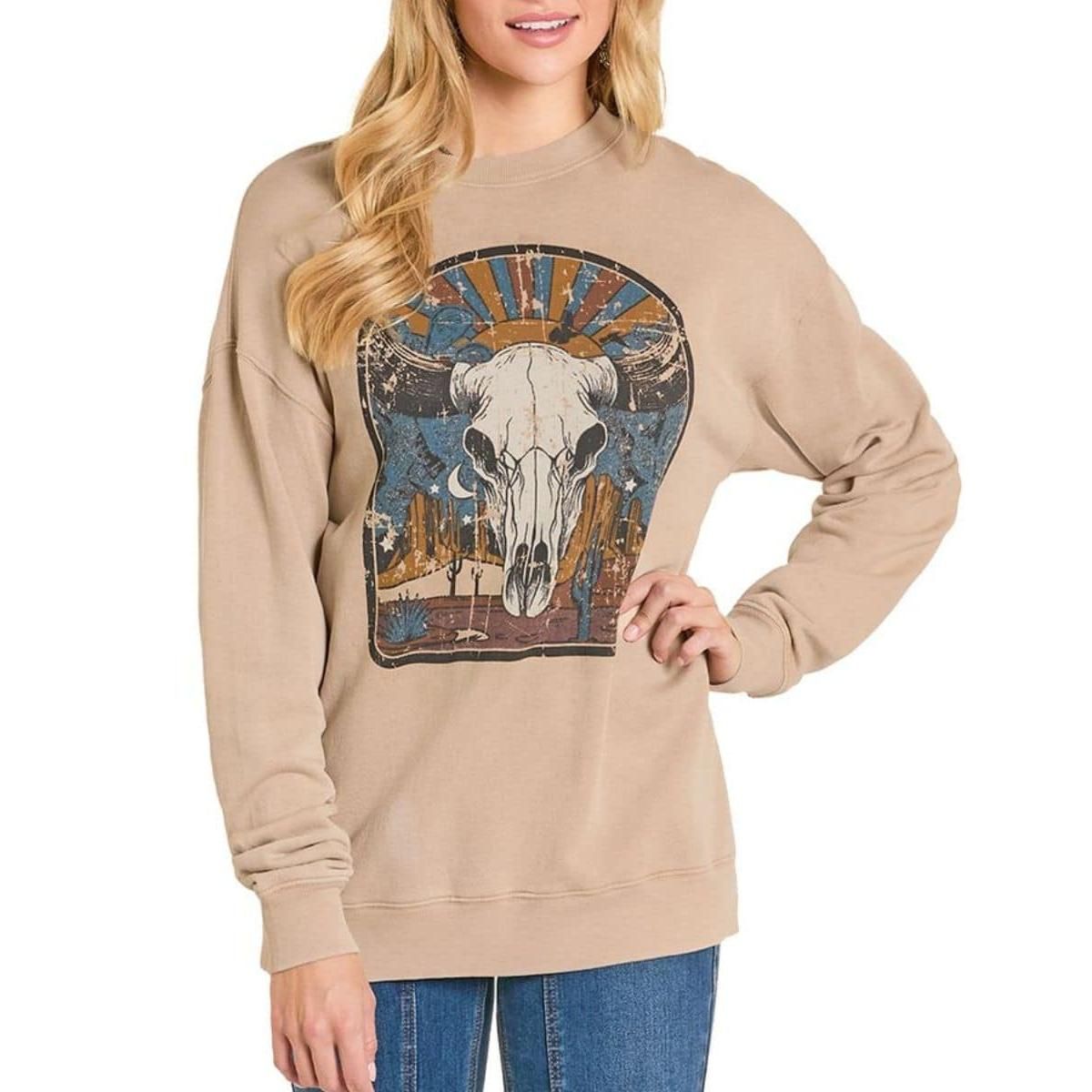 Rock &amp; Roll Women's Oversized Graphic Pullover Sweatshirt - Tan