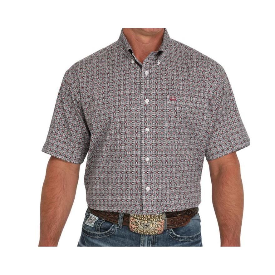 Cinch Men's Short Sleeve Geometric Print Button Down Western Shirt- White