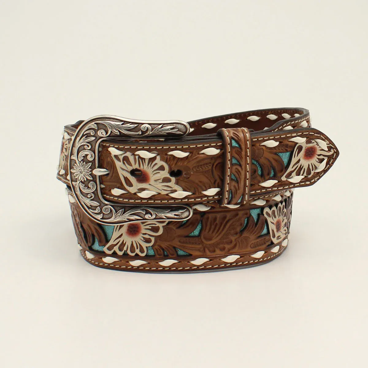 Ariat Women's Leather Floral Pierced Belt - Brown/Turquoise, Size: S