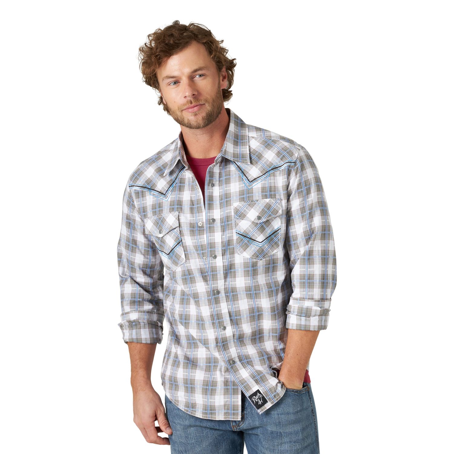 Wrangler Mens Rock 47 Snap Plaid Shirt - Frosted Grey