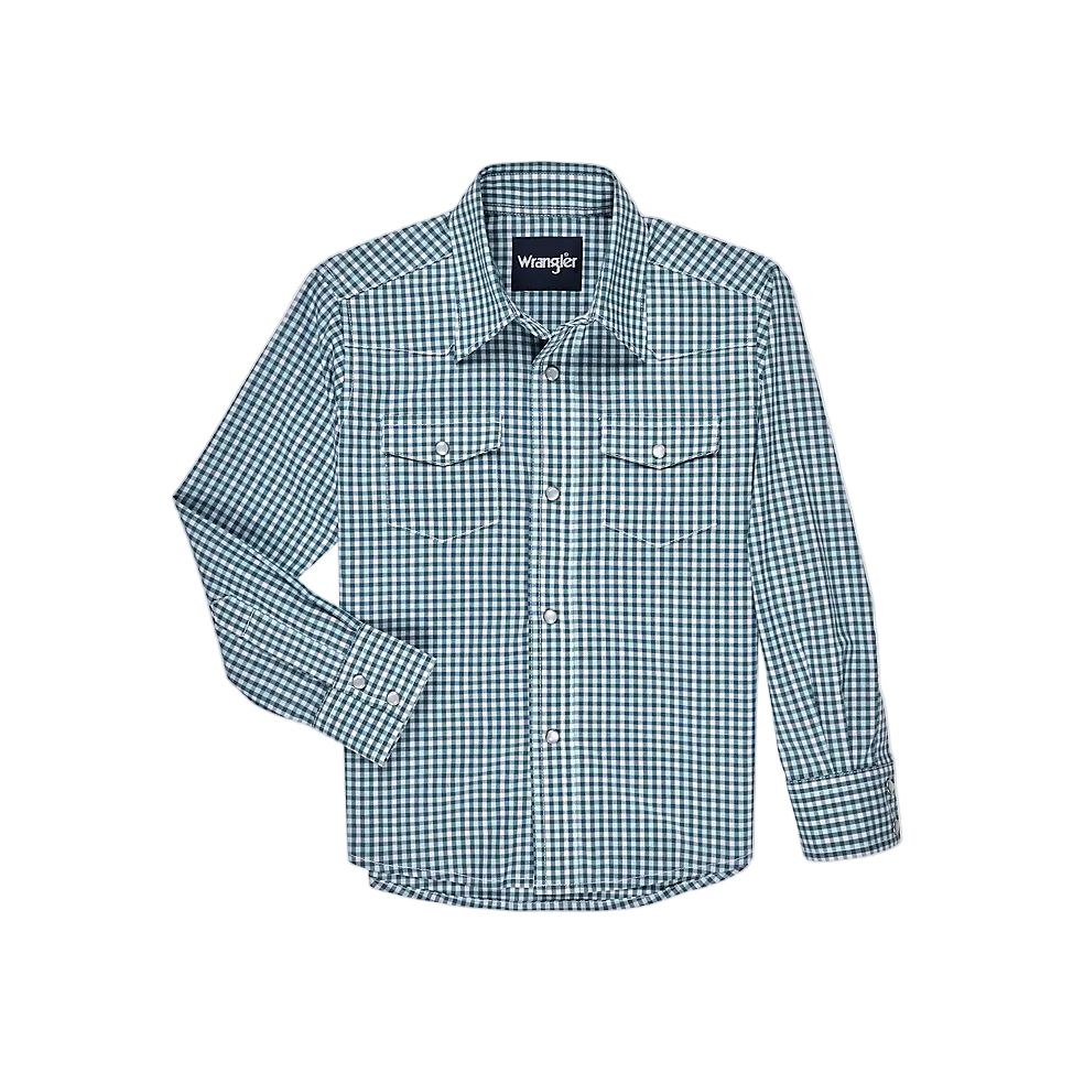 Wrangler Boy's Long Sleeve Wrinkle Resist Western Snap Plaid Shirt - Mixed Greens
