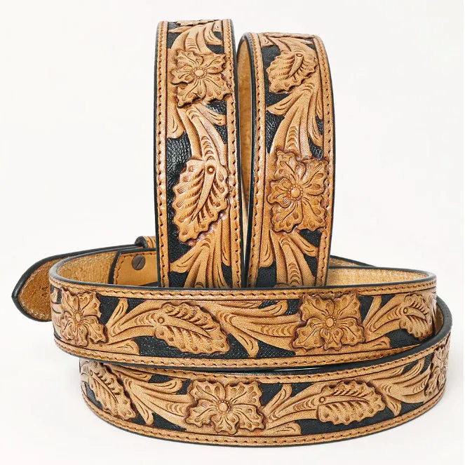 American Darling Unisex Hand Tooled w/Silver Buckle Western Belt - Black/Tan, Size: S