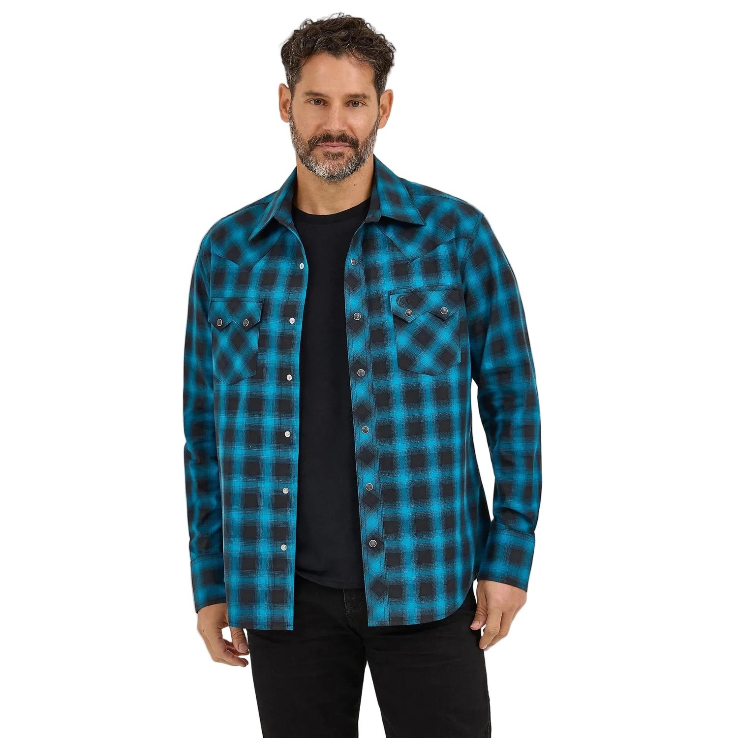Wrangler Men's Retro Western Sawtooth Snap Pocket Long Sleeve Shirt - Coal Blue