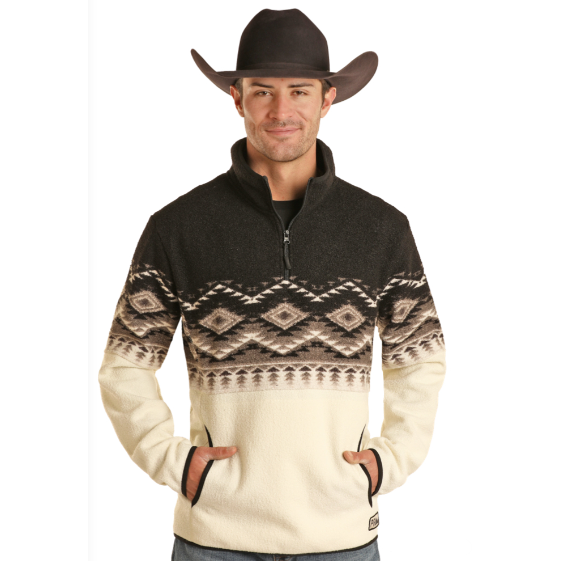 Panhandle Men's Aztec Printed Border Berber Pullover - Black