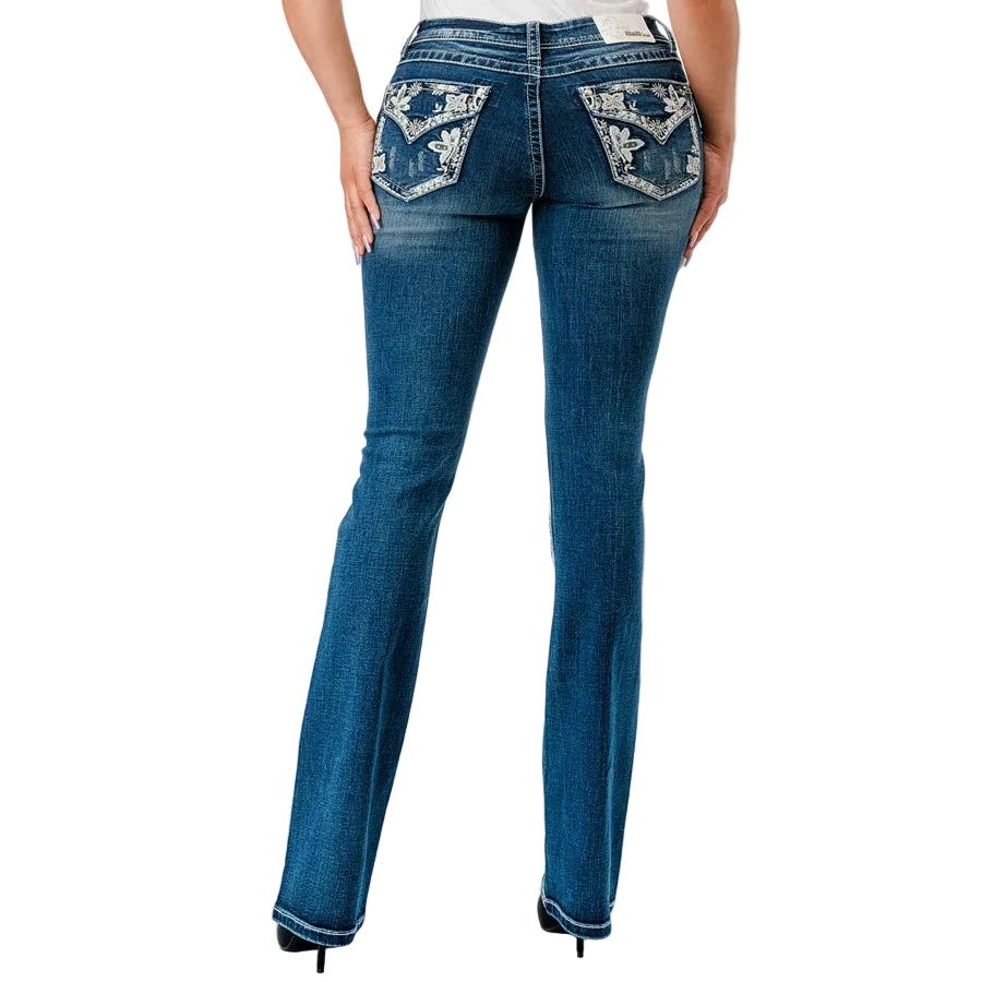 Grace In LA Women's Easy Bootcut Jeans - Floral Faux Flap