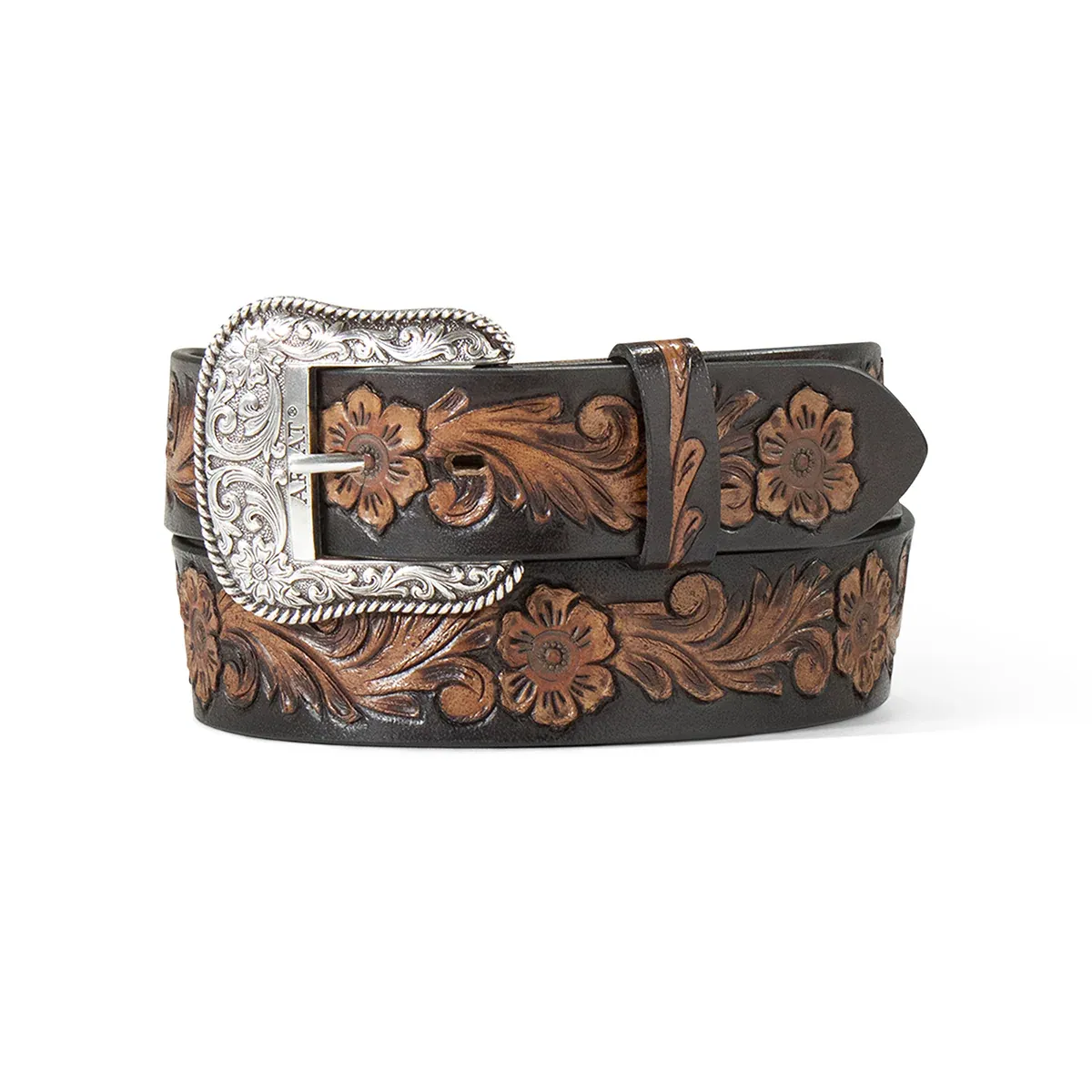 Ariat Women's Leather Hand Tooled Floral Belt - Black/Brown, Size: S