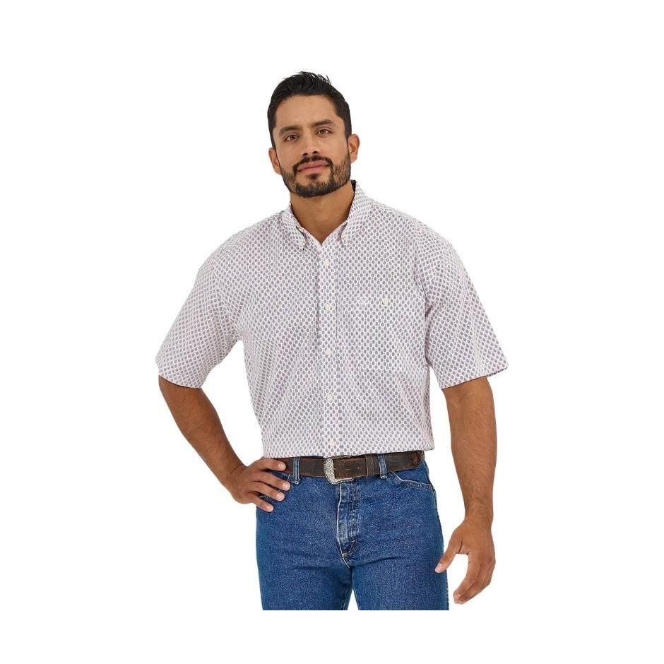 Wrangler Men's George Strait Collection Short Sleeve Shirt- White/Brown