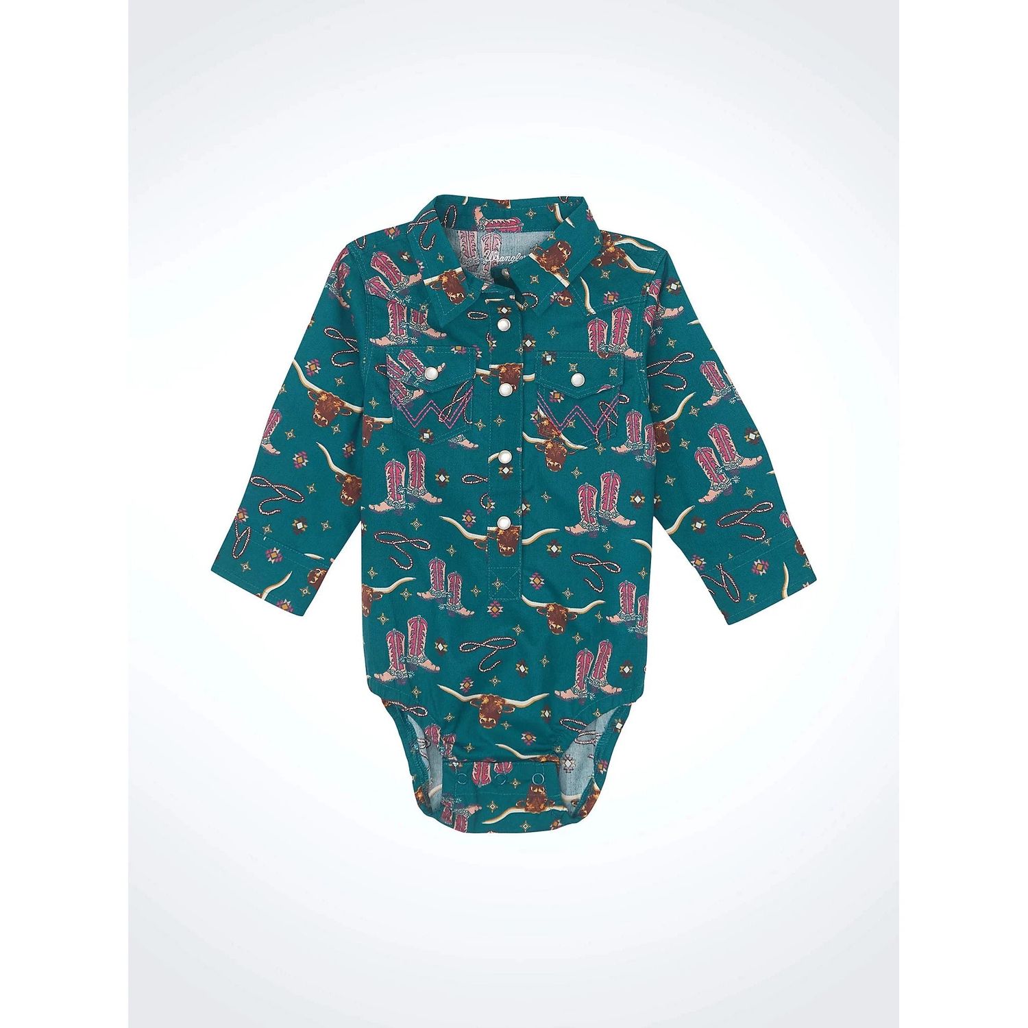 Wrangler Girl's HO24 Long Sleeve Onsie Western All Over Print- Green (Copy)