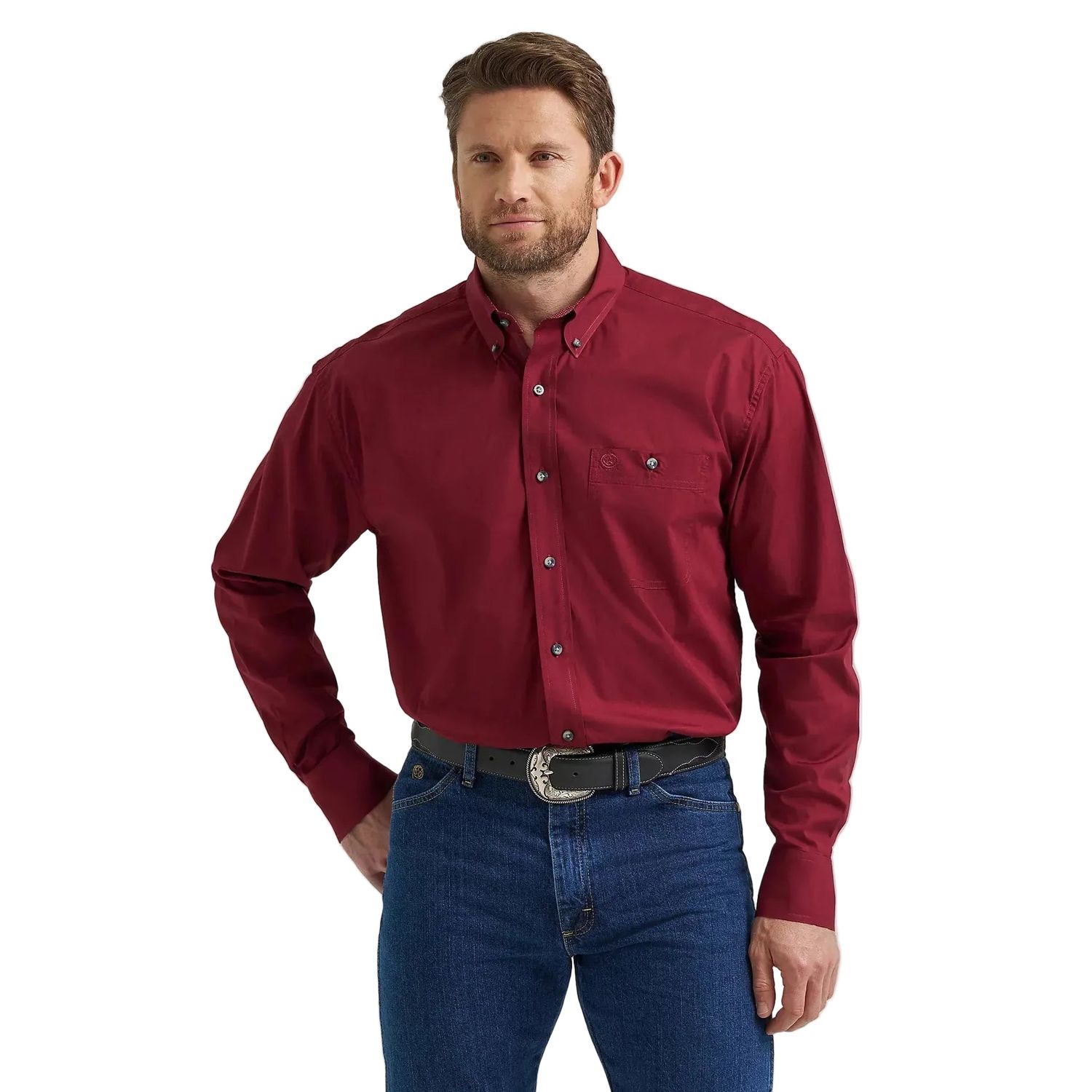 Wrangler Men's George Strait Long Sleeve Solid Button Down Shirt - Burgundy Wine