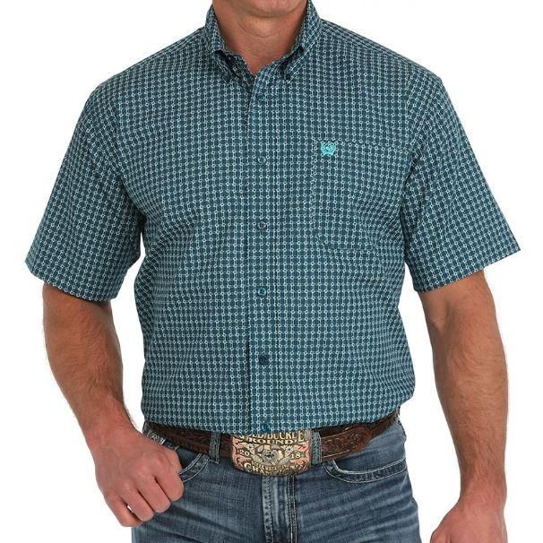 Cinch Men's Short Sleeve Geometric Print Button Down Western Shirt- Blue