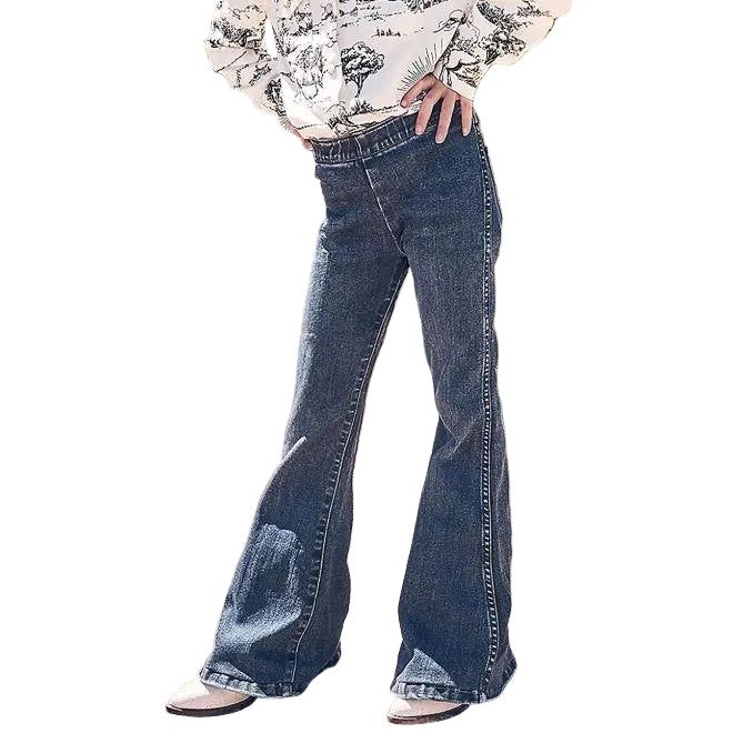 Wrangler Girl's Lainey Wilson Mid Rise Pull On Bell Bottoms- Dark Denim Wash