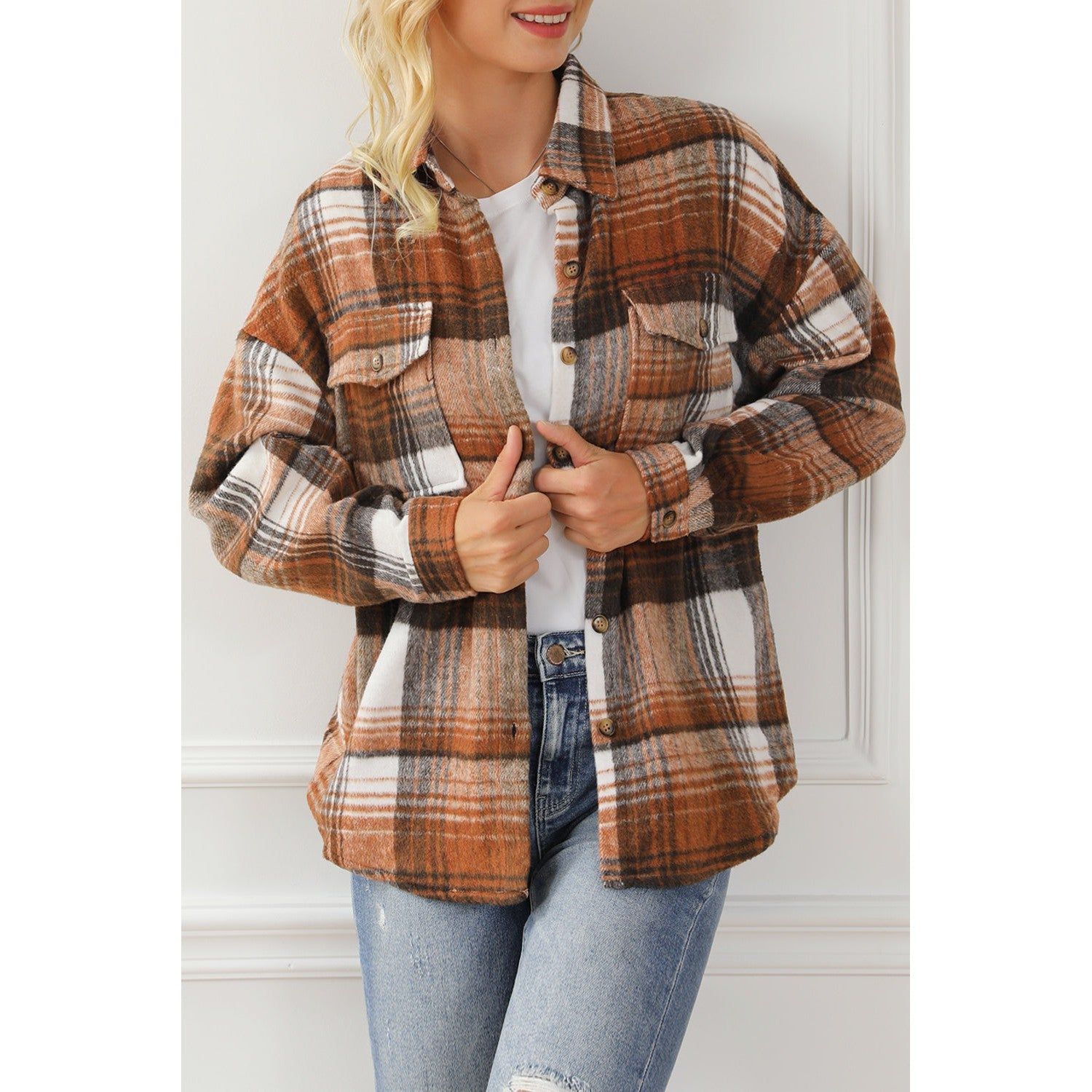 Dear Lover Women's Plaid Flap Pockets Shacket - Brown