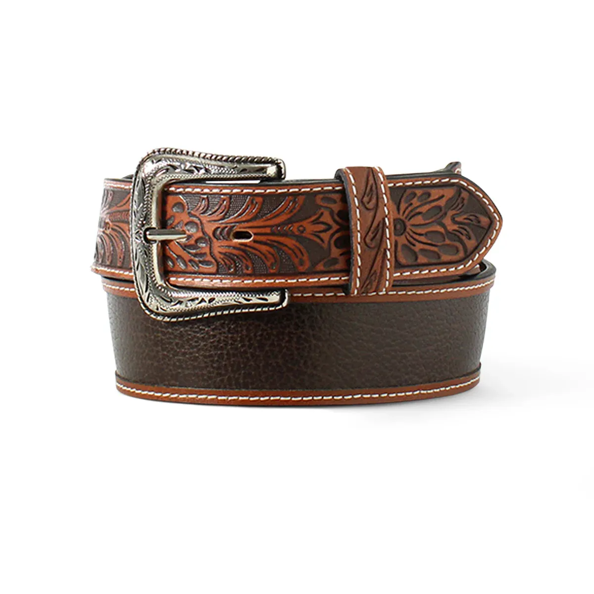 Ariat Men's Pebble Inlay Floral Tooled Belt - Brown, Size: 32