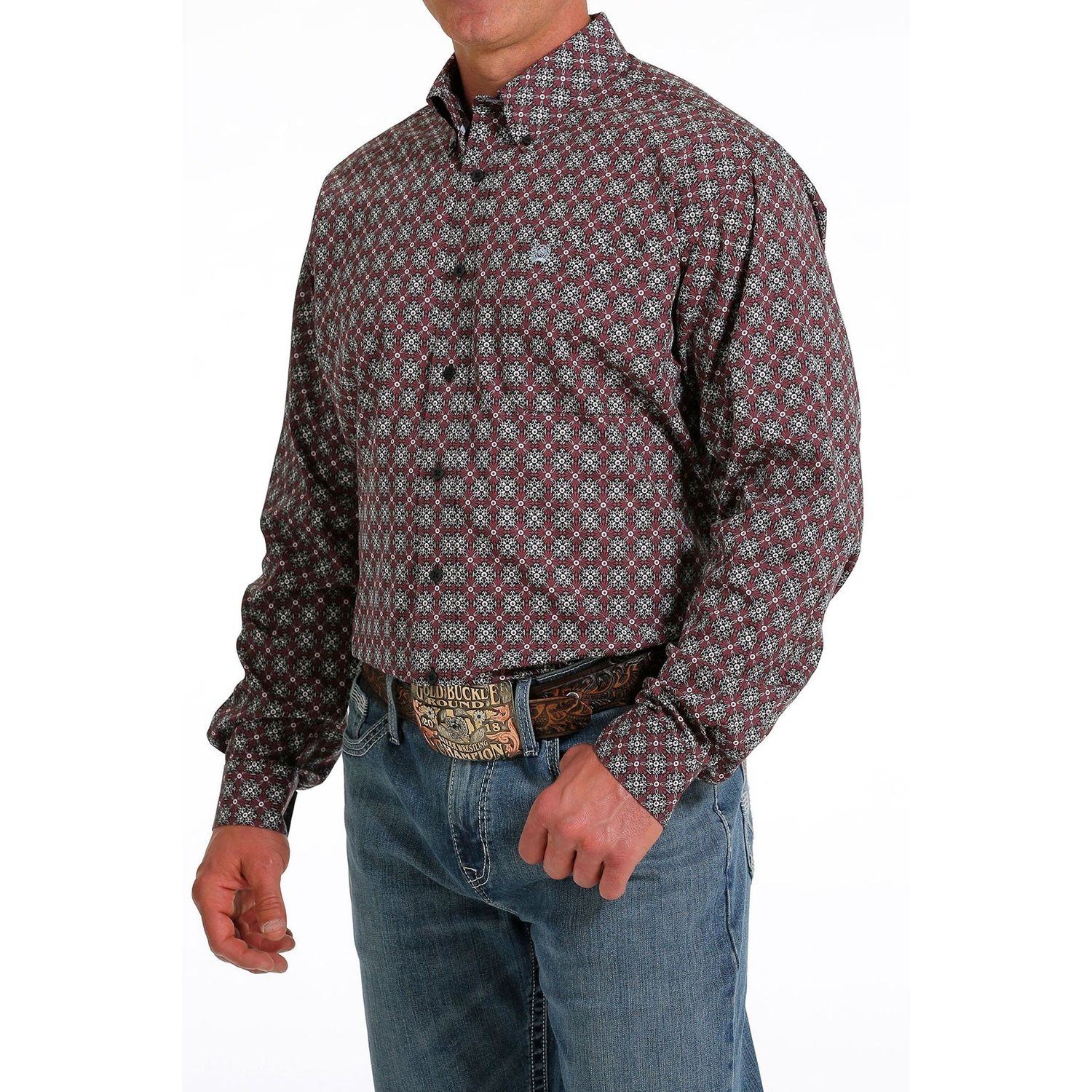 Cinch Men's Geometric Print Button-Down Long Sleeve Western Shirt - Navy/Pink