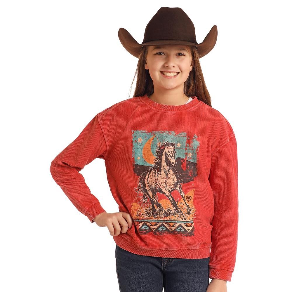 Rock &amp; Roll Girl's Graphic Ribbed Pullover - Rust