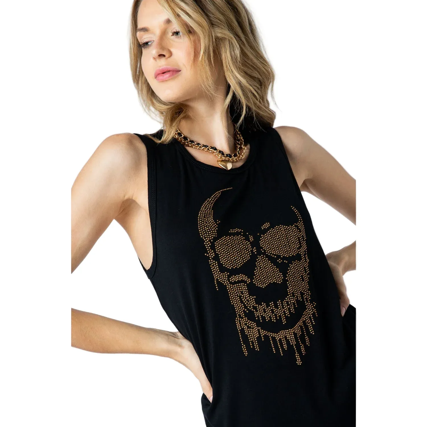 Tank Top with Skull Western Print and Stones - Black, Size: L