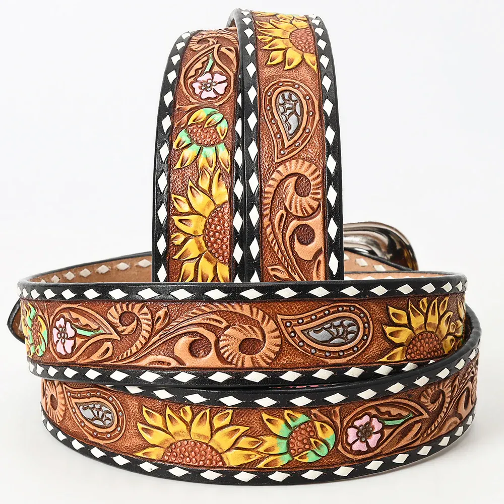 American Darling Tooled Leather Belt - Sunflower Design with White Edges - Brown/Yellow, Size: S