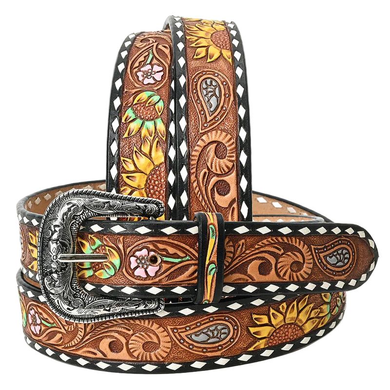 American Darling Tooled Leather Belt - Sunflower Design with White Edges - Brown/Yellow