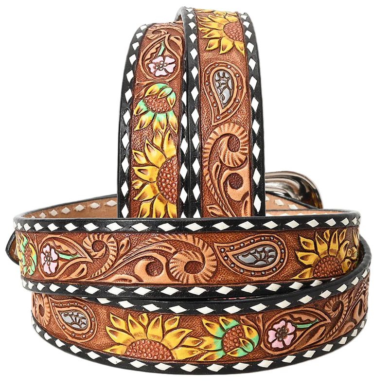 American Darling Tooled Leather Belt - Sunflower Design with White Edges - Brown/Yellow