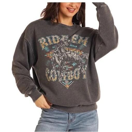 Rock &amp; Roll Women's Long Sleeve Oversized Pullover with Studs - Black