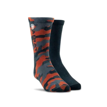 Ariat Kid's Orange Camo Graphic Crew Socks (2 Pairs) - Orange/Black