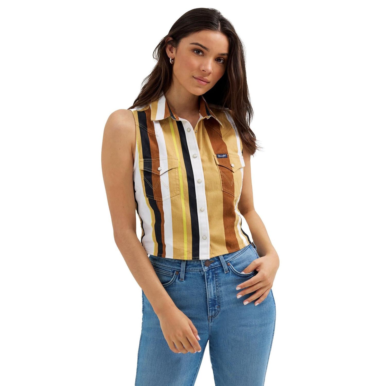 Wrangler Women's West Retro Striped Sleeveless Crop Top- Tan/White