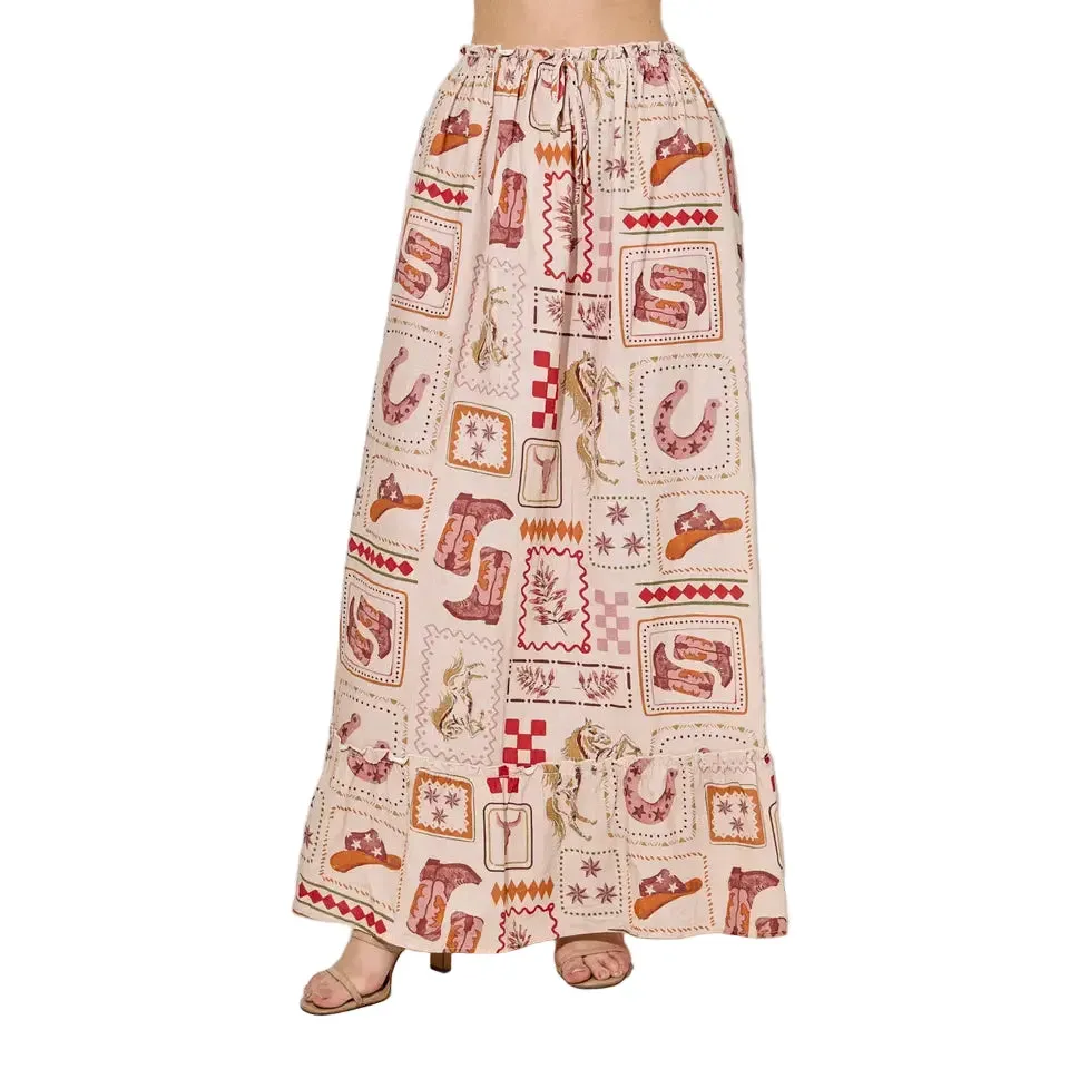 BaeVely Women's Western Cotton Print Maxi Skirt- Taupe