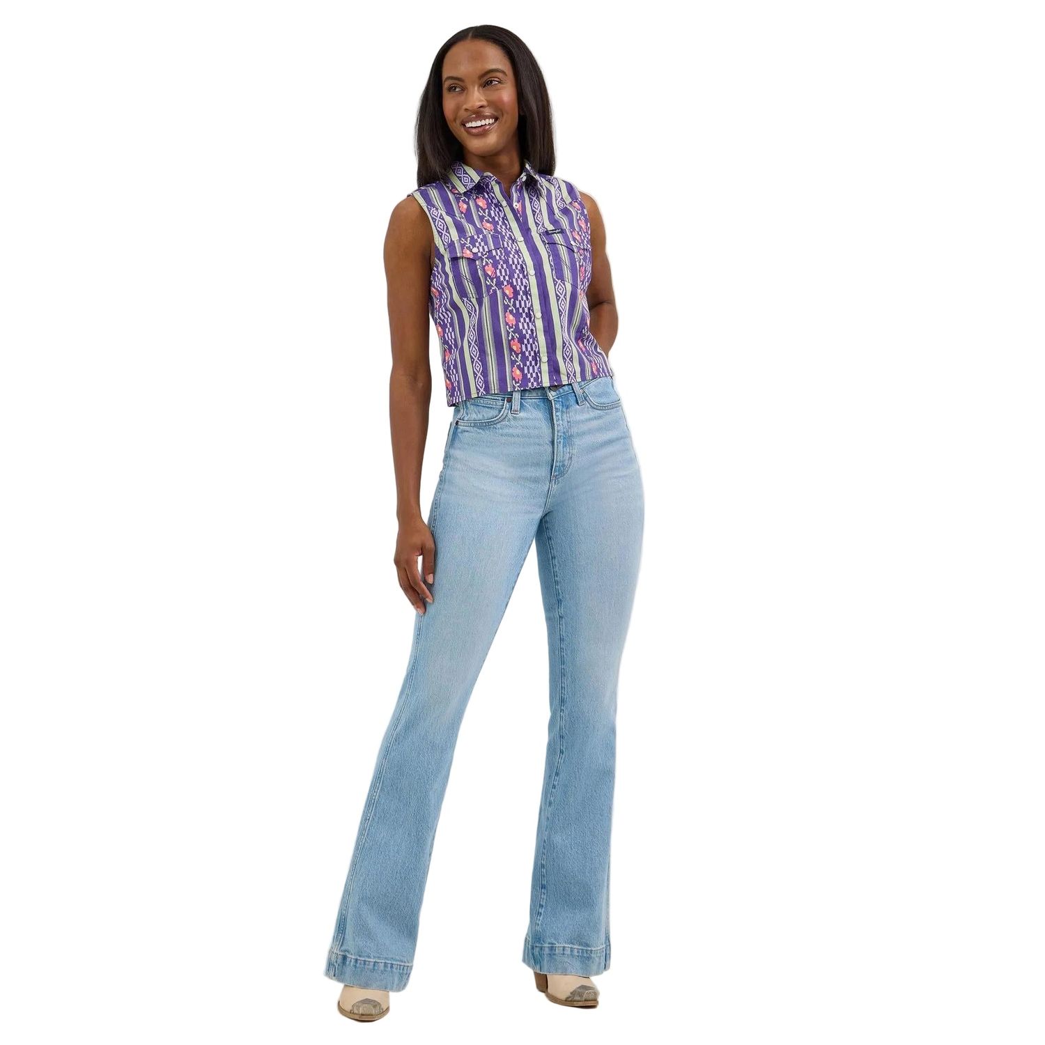 Wrangler Women's Sleeveless Snap Crop Stripe Shirt- Purple